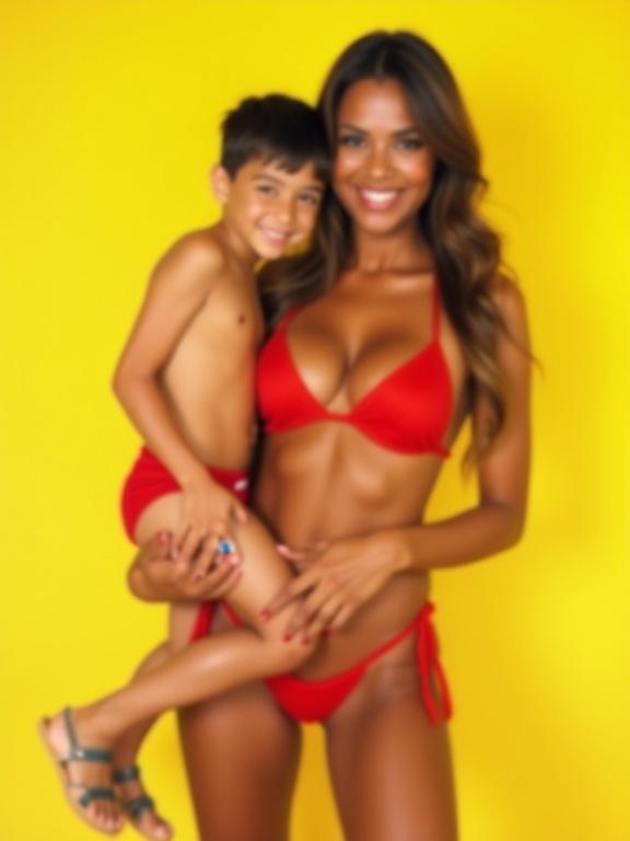 Full body photo of mother and young boy in vibrant red swimwear, flirty smiles with a playful pose on bright yellow background. Blurry and pixelated quality reminiscent of early 2000s digital photography.