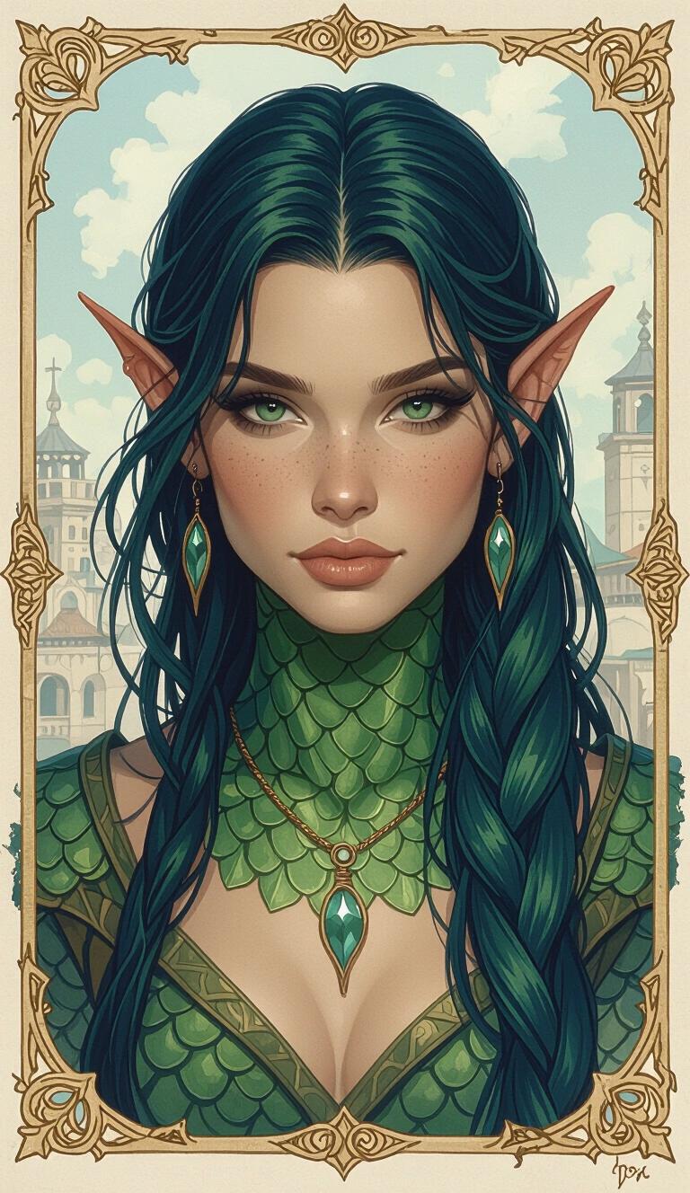 A young Triton fish-person with sharp finned ears and green-blue scaled skin stands in front of an ancient port city. She wears Theros-Fantasy clothing and has long sleek green-blue hair. The background features a fantasy landscape with intricate architecture.