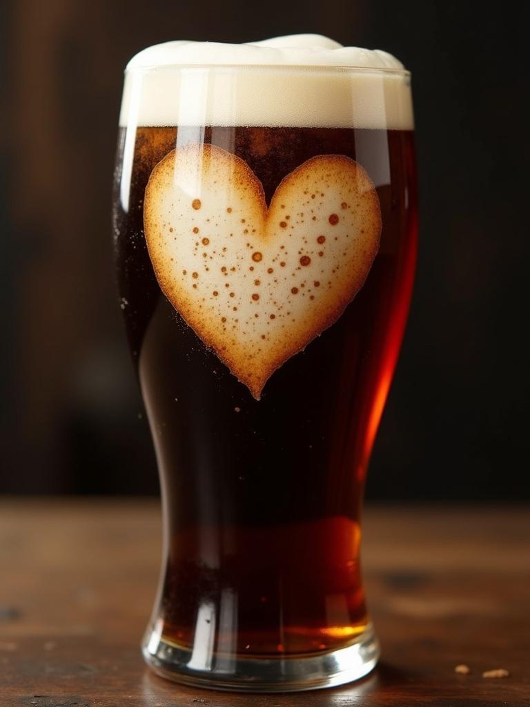 Pint of Guinness beer features heart shape formed from foam. Dark amber liquid with creamy head. Brewed with love for special occasions.