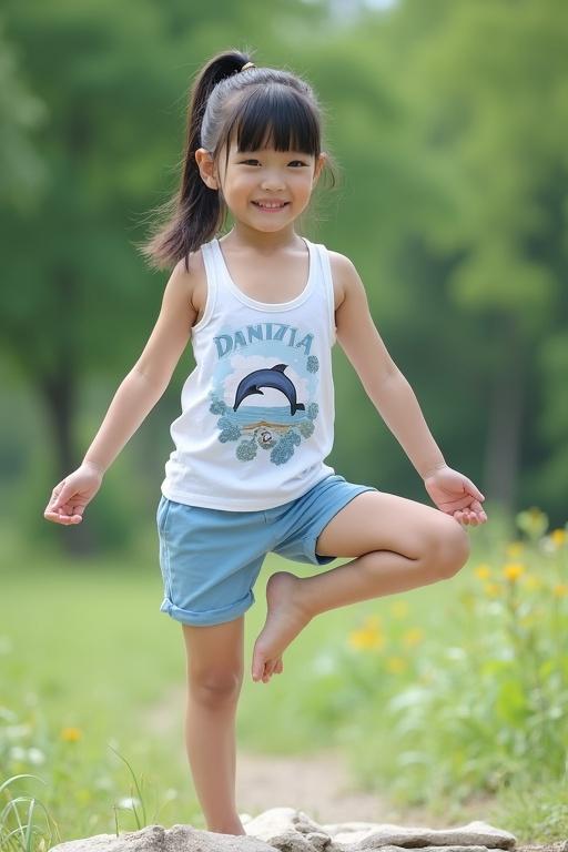 A young girl performs a yoga pose in a green park. She wears a white tank top with a dolphin print and sky blue shorts. The girl has a natural black ponytail hairstyle. She smiles happily, showcasing a joyful expression. The background consists of lush greenery and flowers.