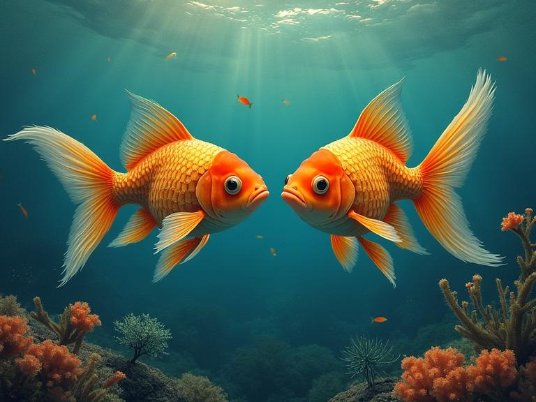 Two goldfish swimming in a serene underwater environment. Bright orange fish with large eyes. Surrounded by corals and aquatic plants in a clear blue ocean. Light rays penetrate the water.
