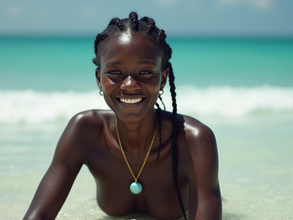 Beautiful Haitian woman sitting in the water at the beach. She has dark skin and smiles while wearing a necklace with larimar.