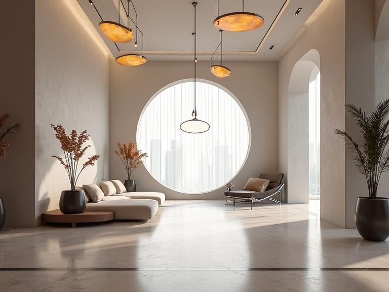Interior lobby of a futuristic hotel. High-tech yet simplistic designs. A large circular window allowing natural light. Comfortable seating area with minimalist furniture. Potted plants and stylish light fixtures enhance the atmosphere.