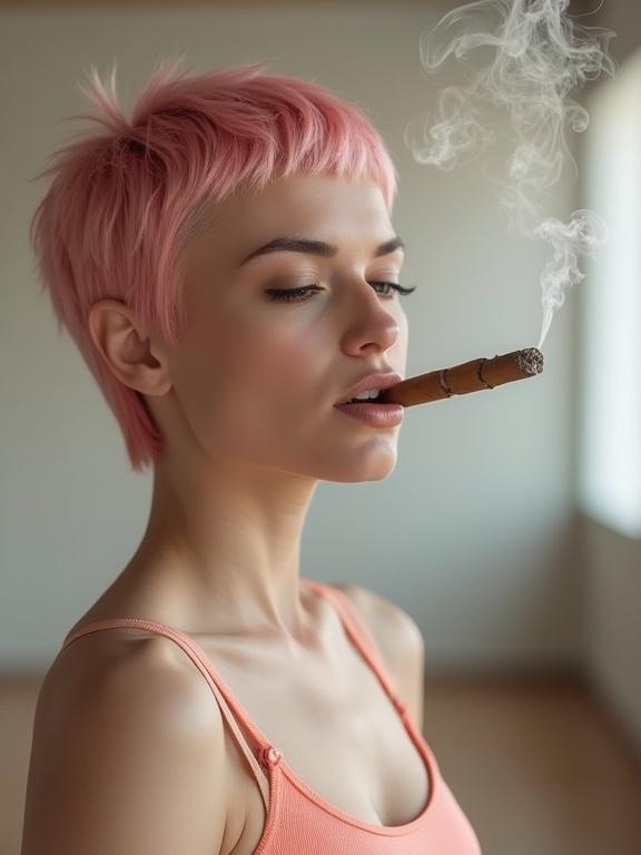 Crossdresser with short pale pink hair wearing pastel yoga gear. Very pale skin. Bold makeup. Mood is seductive. Small smile while smoking a Cuban cigar. Smoke drifts across lips. Yoga studio setting.