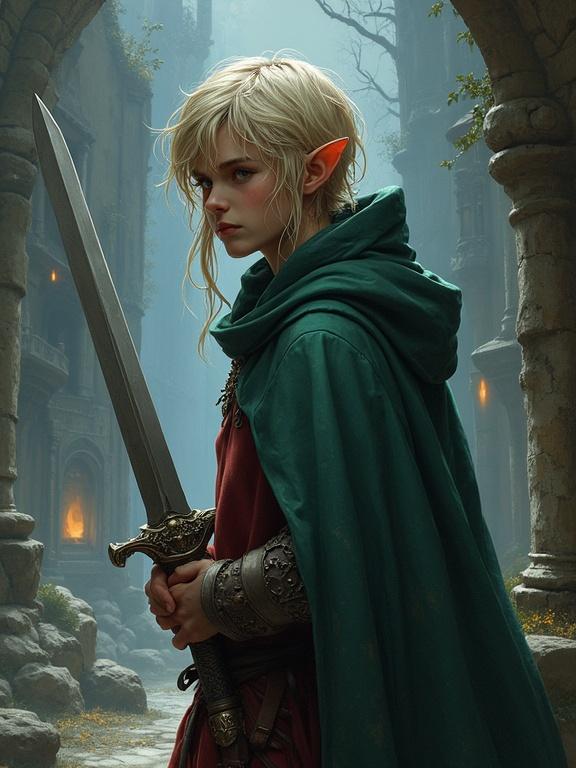 Character in a comfort cloak with two short swords. A half-elf figure stands in a medieval stone setting. Side view with a Dutch angle, looking at the viewer. An investigator badge is visible. Depth in 2.5D comic book style.