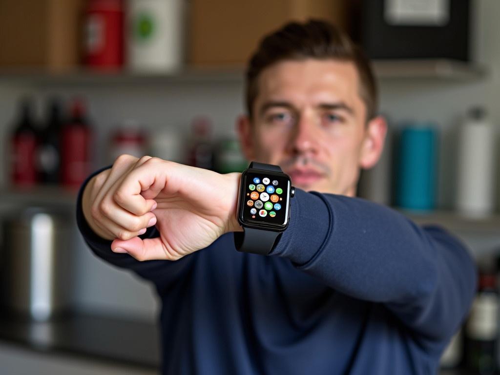 The image shows a person with a blurred face, raising their arm to showcase a smartwatch on their wrist. The smartwatch screen is visible, displaying vibrant icons and colorful graphics. The background includes various items such as bottles and boxes, indicating a casual indoor setting, possibly a garage or workshop. The person is wearing a navy blue long-sleeve shirt, suggesting they may be engaged in a physical or outdoor activity. Overall, the scene captures the blend of technology and everyday life.