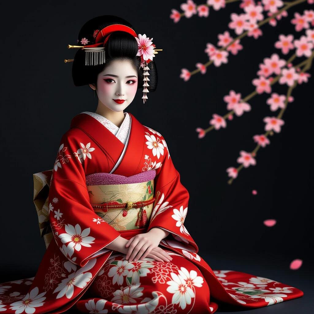 A single girl wearing a traditional Japanese geisha outfit. The red kimono features a floral pattern with sakura and foliage. She is in a seated position with hands gently clasped in front. The expression is a subtle smile. The hair is styled with an okobo hair accessory. The background is dark with soft lighting illuminating the subject. The image has detailed textures and a high-quality feel with cinematic composition.
