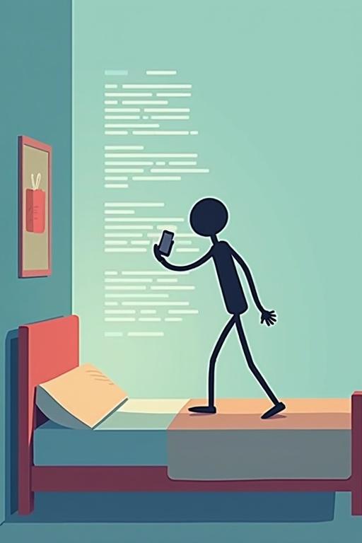 Stickman character waking up. Character grabs phone and scrolls. Character drinks water. Actions loop in a robotic style. Background features ghostly transparent text or code. Minimalist bedroom setting. Flat colors emphasize routine.
