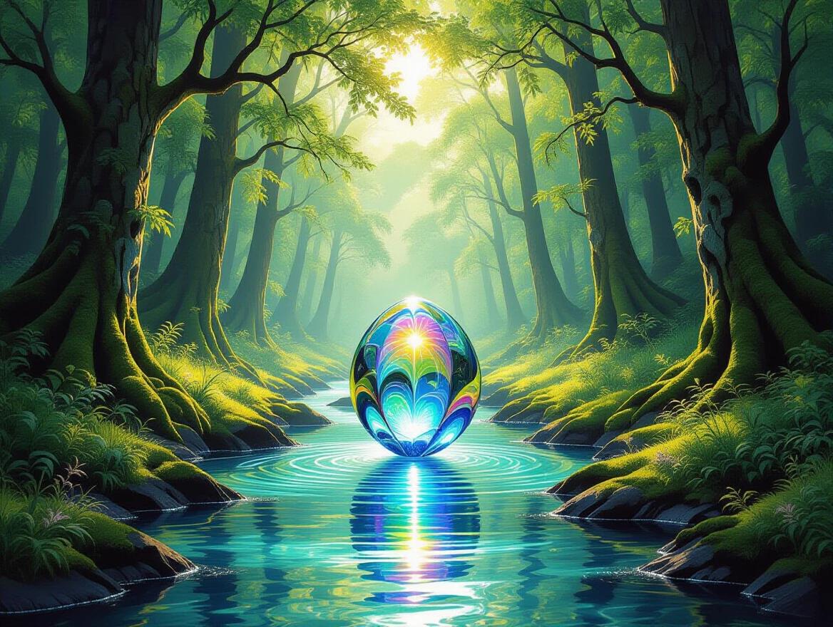 A luminous sun-drenched ancient forest in a tranquil elven valley. A crystal-clear river flows through the scene. An abstract artifact emerges from the river's current. The artifact is made of liquid chrome. It has a polished and iridescent surface with vibrant holographic colors.