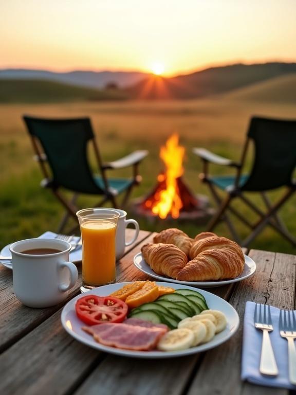 Rustic outdoor breakfast setup on a wooden table in a grassy field during sunset. Two white ceramic mugs with light brown beverages. Two bright orange juice glasses. Plate with golden-brown croissants, sliced tomatoes, cucumbers, and bananas. Small bowl with banana slices. Another plate with pink deli meat slices. Silver utensils on white napkins. Background has folding chairs facing a campfire with flames. Rolling hills and warm sunset sky colors.