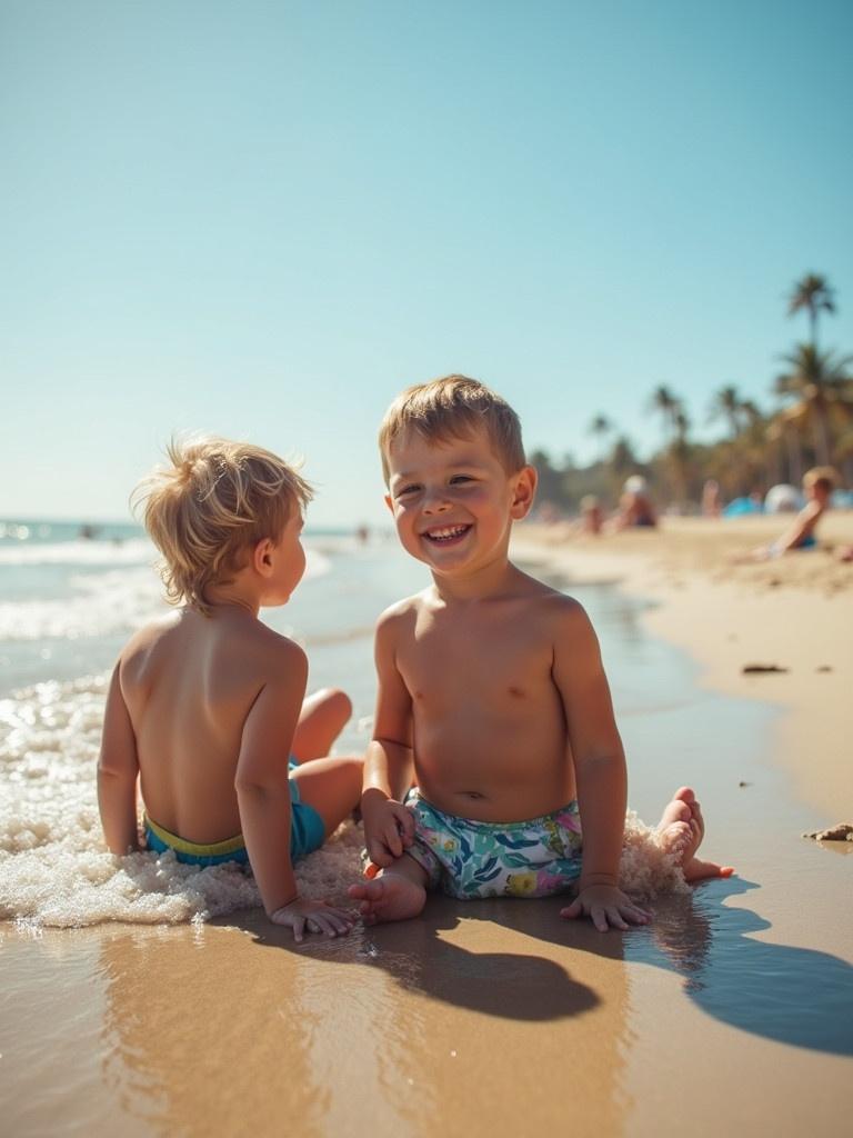 Two boys enjoying a sunny day at the beach. They are sitting on the shore. Waves are gently lapping at their feet. Background shows beachgoers and palm trees. Bright blue skies overhead.