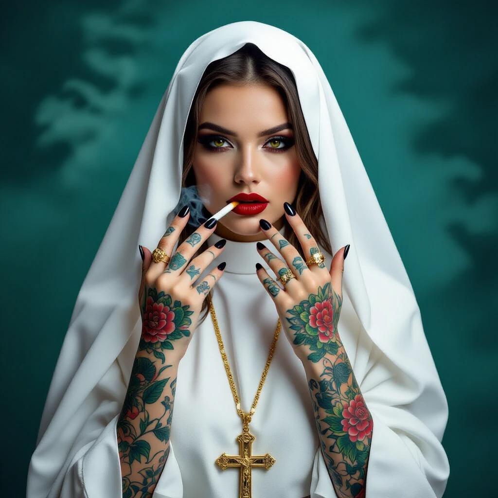 A young woman in a white nun's habit has tattoos on her arms and hands. She smokes a cigarette and poses provocatively. Gold cross necklace visible. Intense expression, dark makeup. Background is smoky teal. Lighting emphasizes tattoos and accessories. Style is dark and edgy.