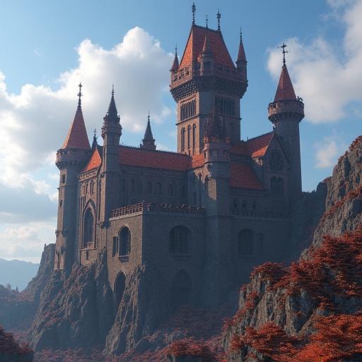 Gothic fortress with lava trim built in a Minecraft style massive and prominently located on flat terrain