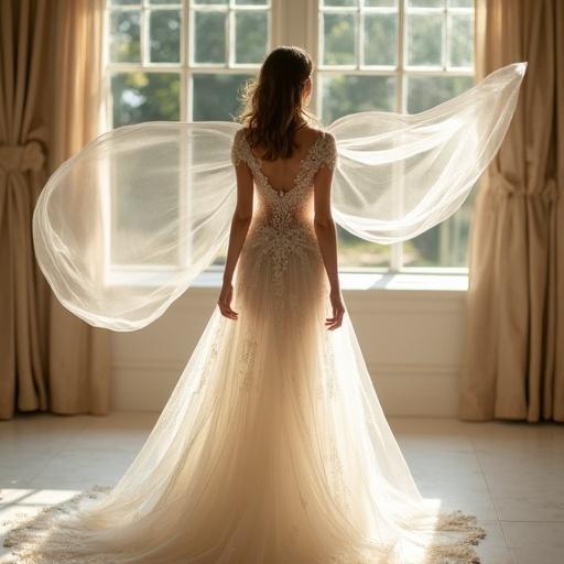 A bride stands in a softly lit room. She wears a fully transparent wedding dress with lace details. The scene exudes elegance and romance. Wind affects the dress dramatically. The bride looks toward the camera.