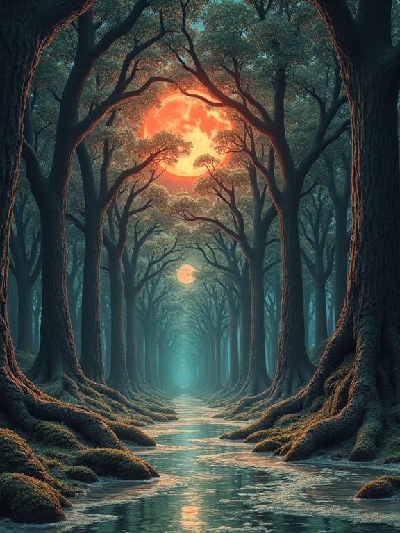 A surreal forest scene with tall dark trees, a glowing orange sun amid the branches, and a reflective waterway