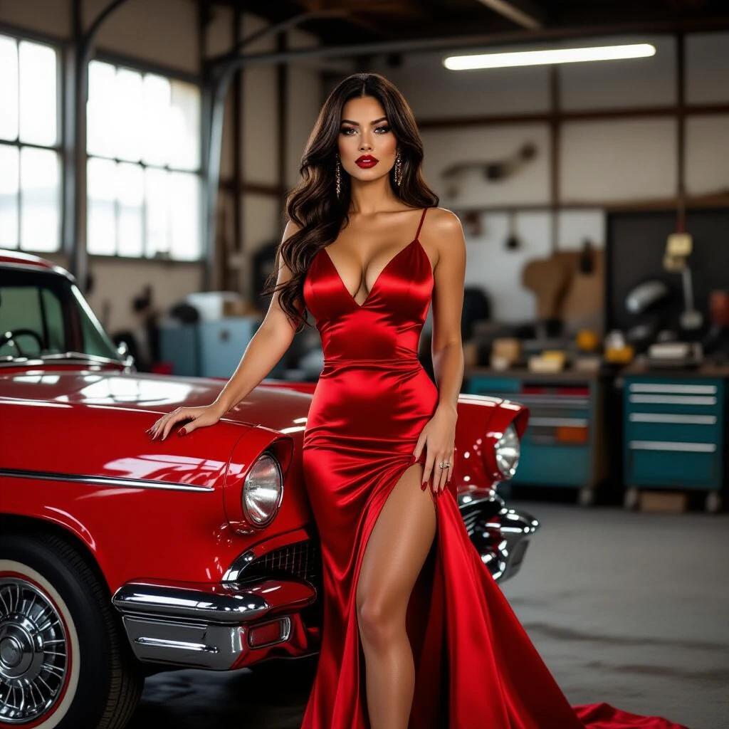 Woman in red satin dress leans over vintage red car in industrial garage. Dress has leg slit. Long dark curls cascade over shoulders. Bold red lipstick and glossy nails. Background has machinery and tools. Soft light filters through large windows creating warm glow. Scene shows blend of femininity and ruggedness.