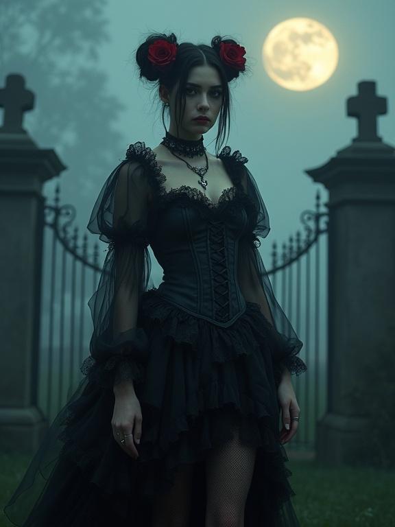 Cinematic scene of a gothic woman in a foggy cemetery at dusk. A large full moon rises in the background. Soft diffused lighting creates a moody atmosphere. Woman has dark hair in two high buns. Red roses adorn her hair. A delicate black lace veil falls over her shoulders. She wears a black corset dress with lace trim. The dress has a plunging neckline and layered ruffled skirt. Fishnet stockings are visible. Choker with a cross pendant is worn. Multiple layered necklaces are present. Background features wrought-iron gates and tombstones.