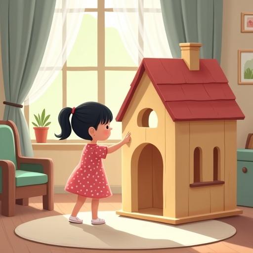 A flat illustration of a little girl in a pink dress reaching for a wooden pillar of her playhouse. The scene is cozy and inviting, depicting a child's room with sunlight and soft textures.