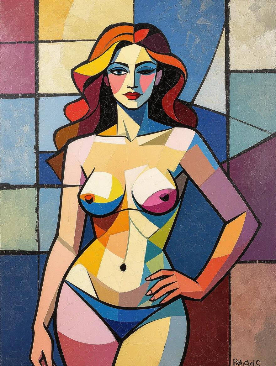 Stylized female nude painting with geometric shapes. Vibrant colors dominate the artwork with abstract representation. Features a confident pose with emphasis on form.