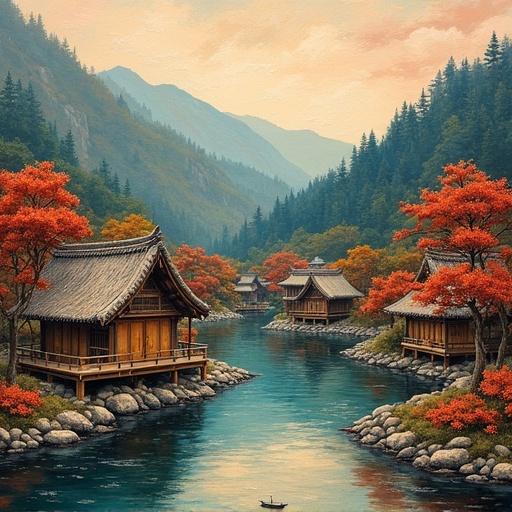 Landscape scene with vintage village huts surrounded by nature. Soft reflections on a river with trees changing colors. Artistic style blends Chinese and Japanese influences.