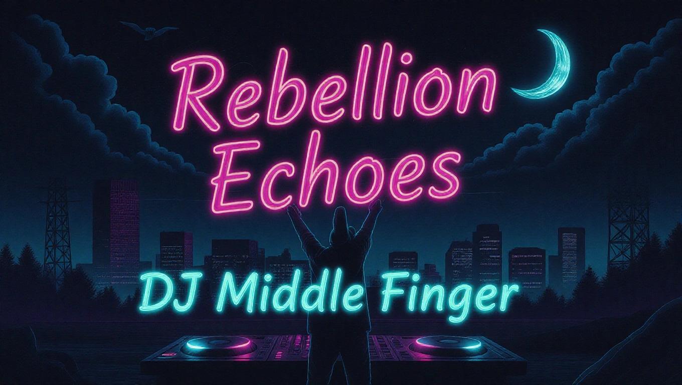 Artistic neon hellscape inspired by hip hop culture featuring text. Background includes a city skyline and a DJ silhouette. Neon colors create a contrasting vibrant atmosphere.