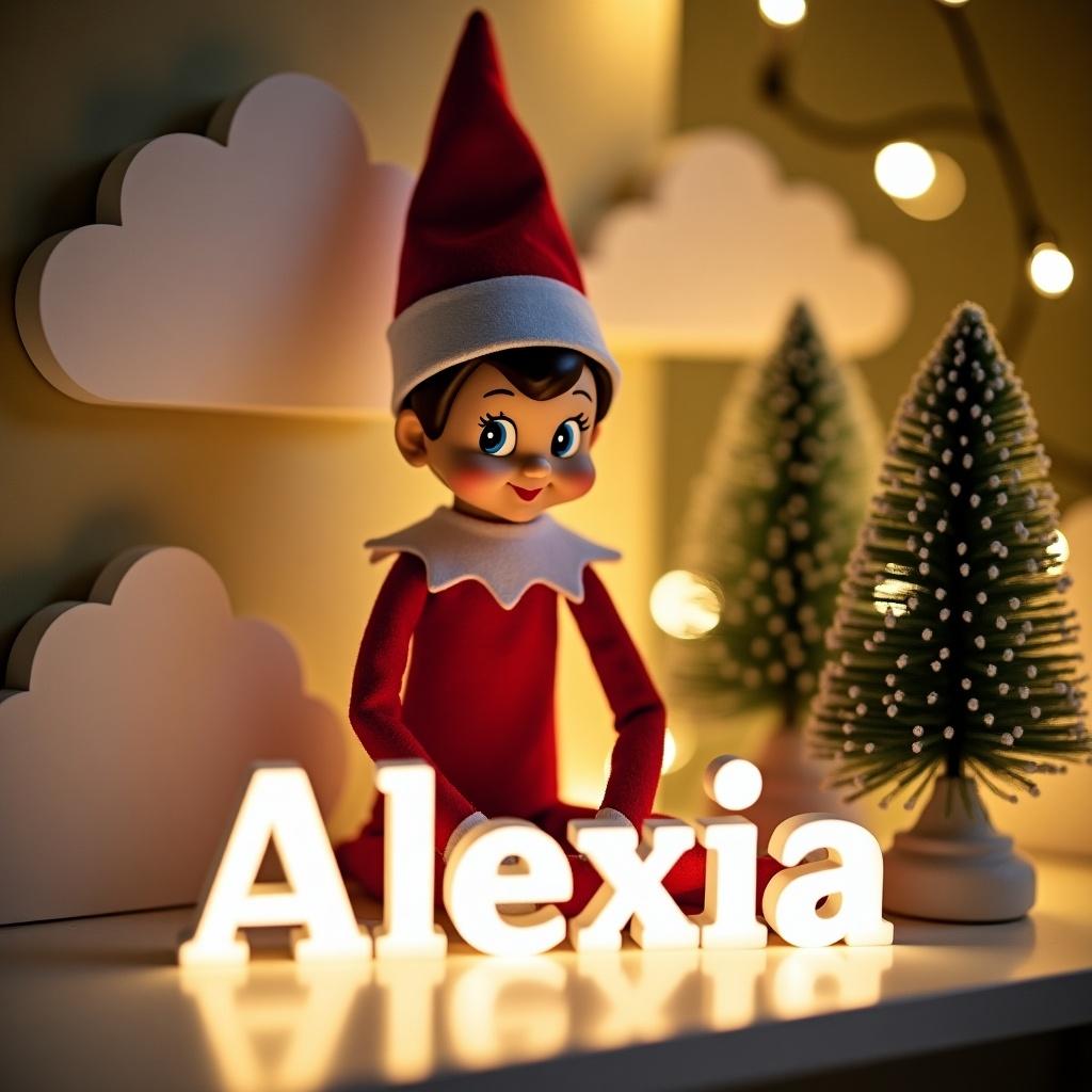 The image features an Elf on the Shelf character in a cheerful setting. The elf is in red attire with a cute face, joyfully writing the name 'Alexia' in white letters. In the background, there are fluffy cloud shapes enhancing the whimsical feel. The scene is lit softly, creating a warm, inviting atmosphere. A small, decorative tree adds to the holiday vibe, making it perfect for festive themes.