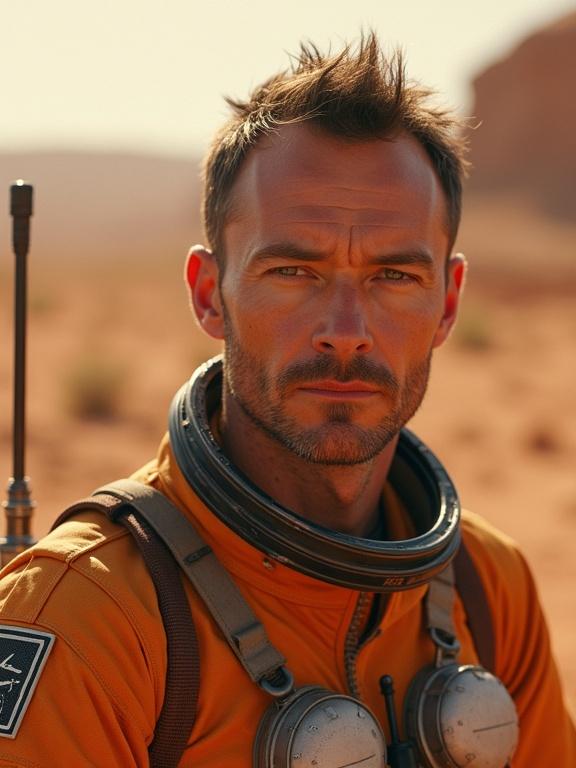 Portrait of a man dressed in an orange space suit with a black helmet. The background shows a barren desert terrain resembling Mars. Warm colors dominate the scene.
