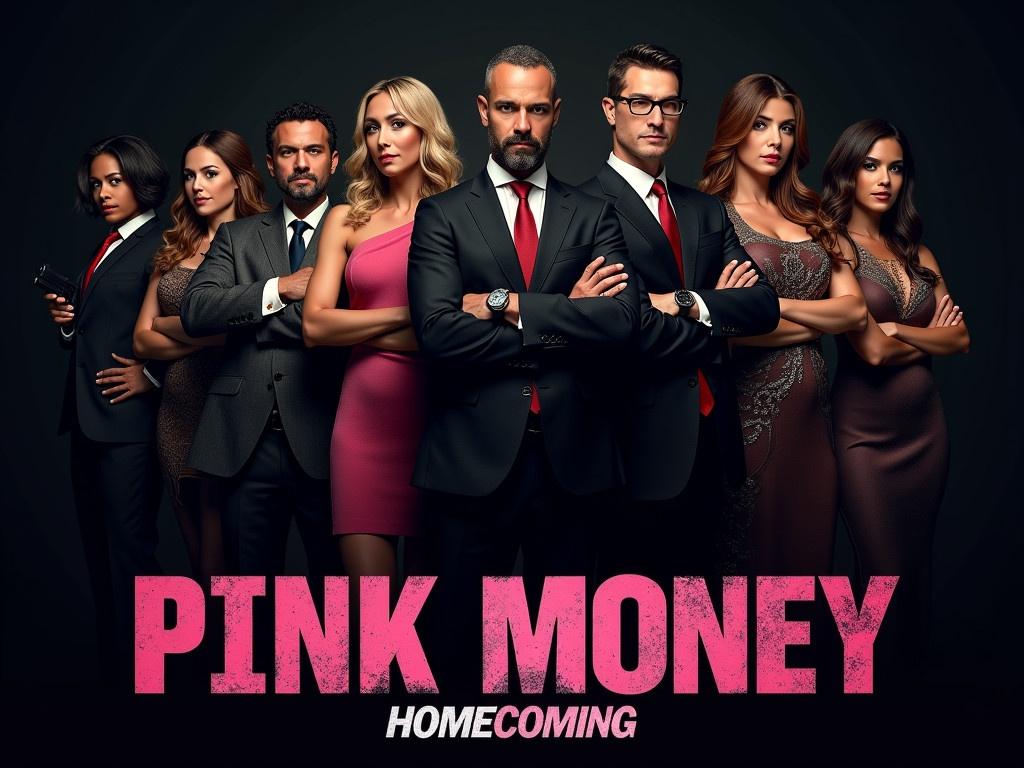 Create a professional movie poster for a film titled "Pink Money Homecoming." The background should be dark and moody, enhancing the atmosphere of intrigue. Place the title prominently at the bottom in bold, stylized lettering that matches the theme of the film. The characters should be shown in a confident stance, with various props that hint at their roles, such as money and weapons. Include the names of the main actors below each character clearly. Ensure the poster has a cinematic feel, with a focus on lighting to create depth and drama.