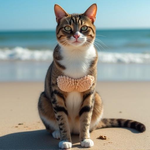 Photo of a cat resembling a mermaid. Cat is sitting on the beach. Cat is wearing a bra made of sea shells. Natural light is illuminating the photo. Professional photography style is evident.