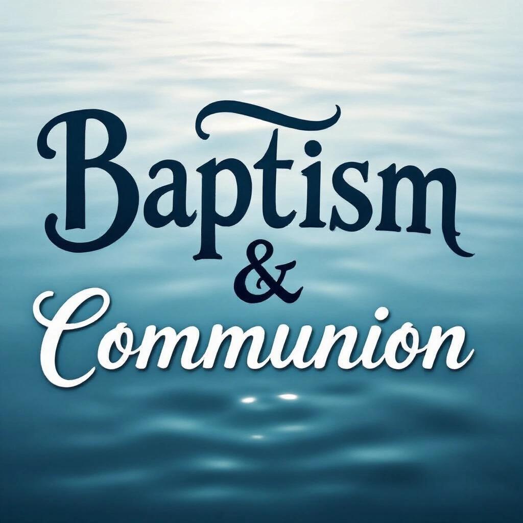 Typography art displays the phrase Baptism & Communion with capital Bold and elegant script fonts. Water background symbolizes baptism's spiritual message.