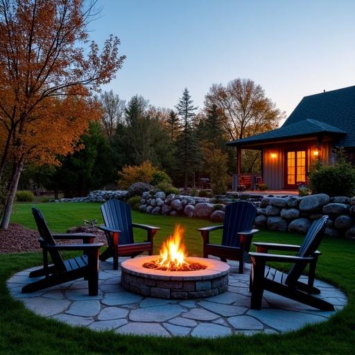 Photograph showing a serene outdoor scene at dusk. Circular stone fire pit in a garden. Warm orange flames. Four black Adirondack chairs arranged around the pit. Ground paved with irregular stones. Lush green lawn and trees. Cozy house with a dark green roof visible in the background. Sky has a gradient of blue to orange. Tranquil atmosphere for outdoor evenings.