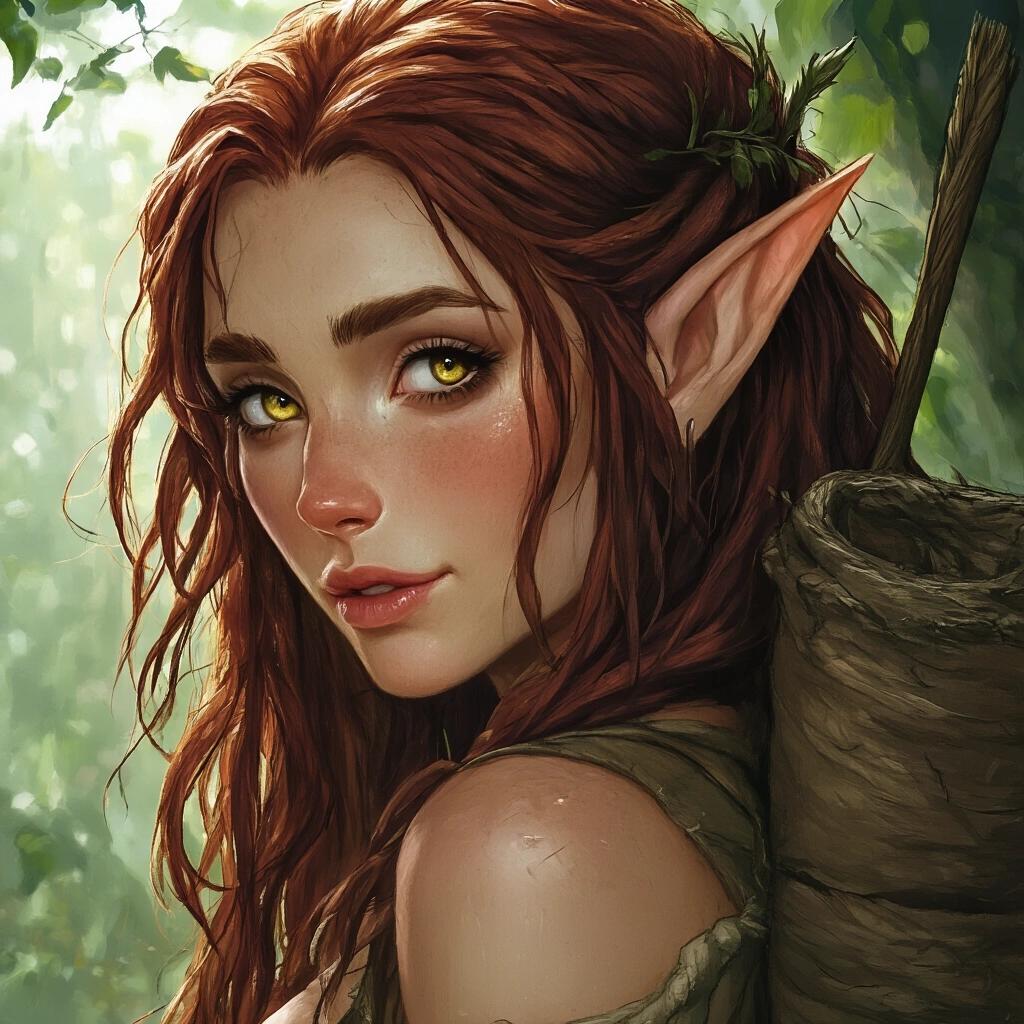 A portrait of a wood elf with enchanting features and warm golden eyes. Hair is dark auburn and wavy. Soft light surrounds her. She appears elegant and serene. Ethereal quality emphasizes her connection to nature and magic.