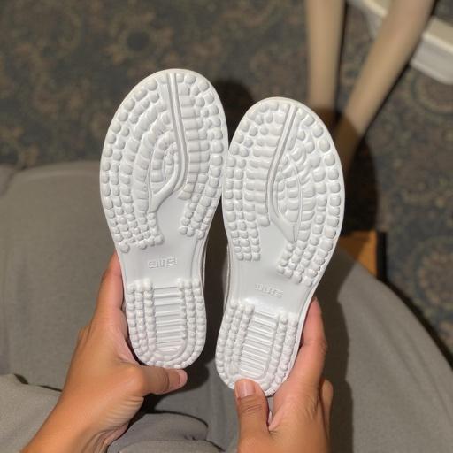 Image of white shoe soles being held by hands. Soles have a unique patterned design. Background is softly blurred but an instance of clothing is visible. Focus is on the contours and textures of the soles.