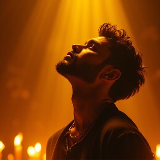 Medium close-up album cover of artist VIKINGO in reverence. Powerful warm golden light illuminates face and shoulder. Background has out-of-focus candle flames creating halo effect. Deeply personal and emotional mood. Photorealistic cinematic style shallow depth of field.