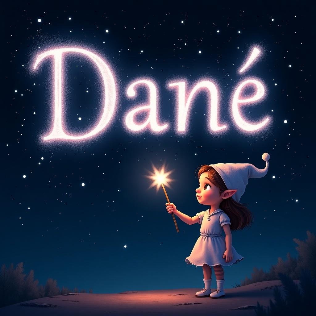 A girl elf uses a wand to write names in sparkling text against a starry night sky. The name 'Dané' glows brightly. The background features dark hues with contrasting white and pink letters. The scene captures a sense of magic and wonder, reminiscent of a fairy tale and inviting viewers into a fantasy world.