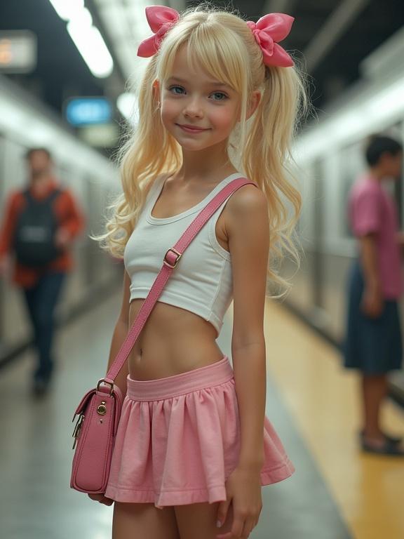 Photo of a young person standing in a train station. The individual wears a pink micro skirt and a white crop top. They have long blonde hair styled into twin tails with pink bows. A purse hangs by their side and a cellphone is present. The environment suggests a casual, urban setting. The colors appear bright and saturated with a youthful aesthetic.