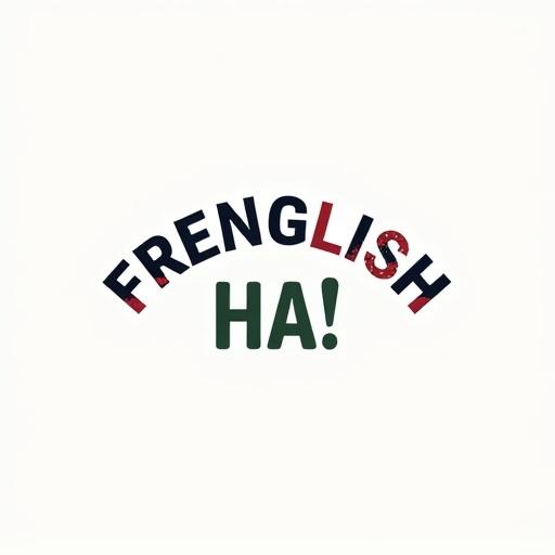 Minimalist vector logo for YouTube channel featuring the word 'FRENGLISH' in a semicircular arc with French and American flag patterns. The text 'HA!' is beneath in dark green with a black outline.