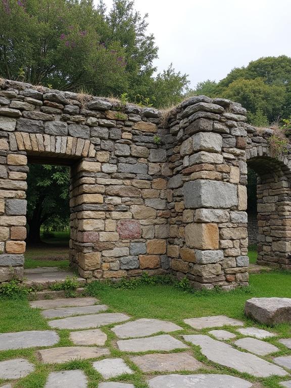 Photograph of a weathered stone ruin with brick and stone walls. Features a rectangular window with broken glass and greenery in the background. Overcast sky with trees showing green and purple leaves. Moss and small plants growing on the stones. Stone pavement visible in the foreground with natural light. Rustic and ancient architecture with a serene atmosphere. Scene showcases natural decay and charm of an old structure.