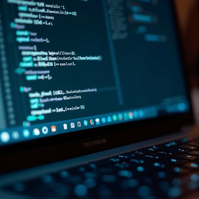 A close-up view of a laptop screen displaying lines of colorful code.