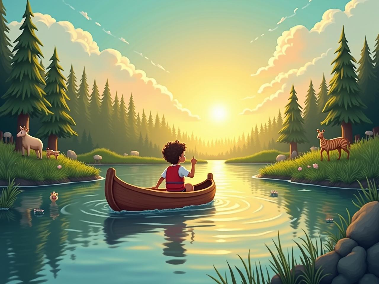 The image depicts a serene scene of a child floating in a wooden canoe on a calm river. The surrounding landscape is filled with tall, green trees and playful animals like deer and a tiger. Bright, fluffy clouds adorn the sky, illuminated by a stunning sunset. The tranquil water reflects the warm hues of the sunset, creating a peaceful atmosphere. This enchanting moment captures the essence of childhood wonder and the joys of nature.