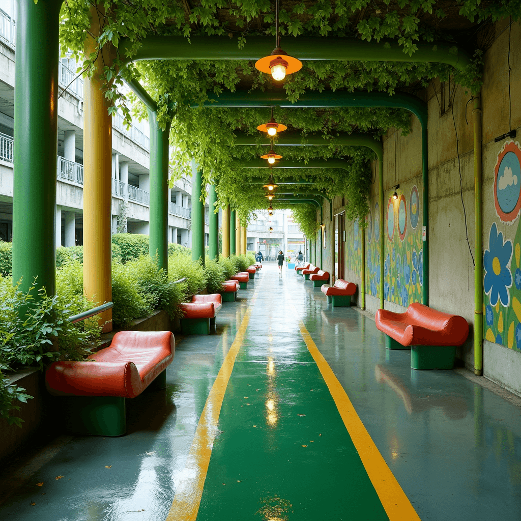 A vibrant green corridor with red benches and leafy vines overhead.