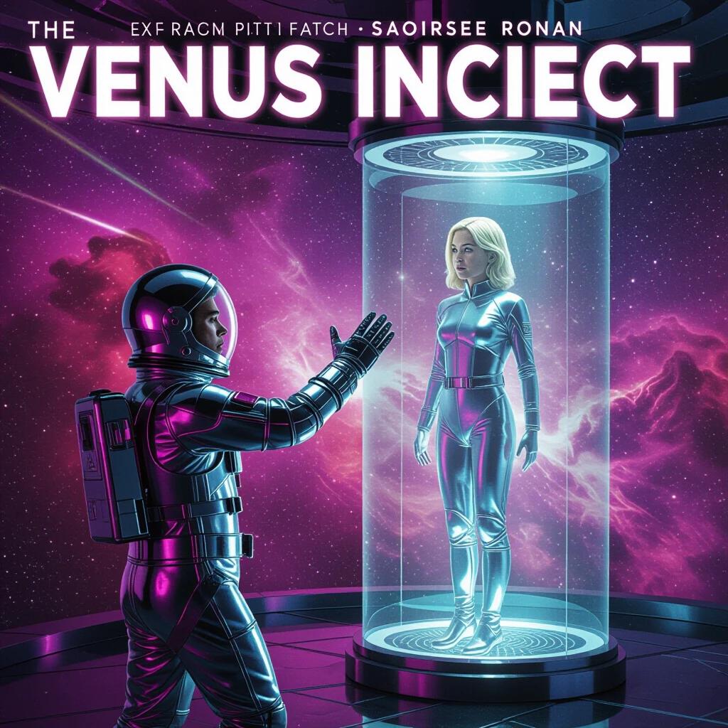 A vibrant movie poster for THE VENUS INCIDENT features Brad Pitt in a chrome space suit reaching towards Saoirse Ronan, who is frozen in a glass chamber. A magenta nebula forms the background with vintage space fonts and lens flare streaks enhancing the sci-fi pulp aesthetic.