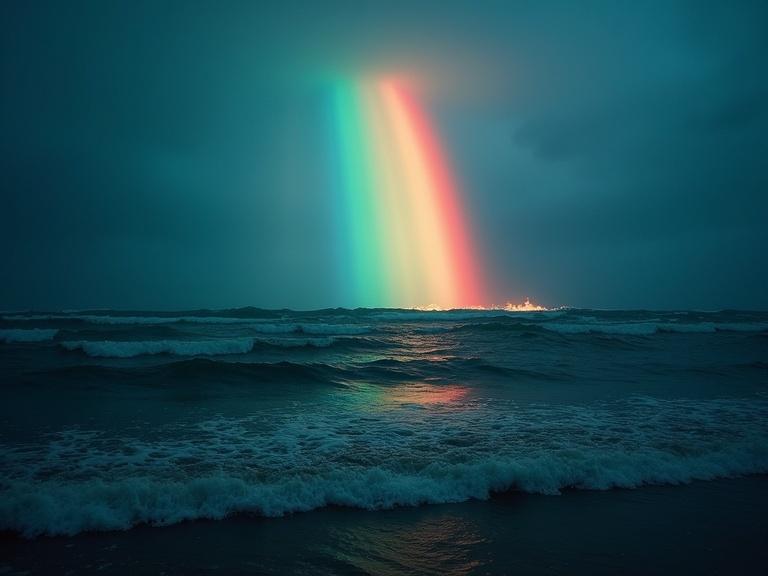 Surreal scene at midnight featuring an ocean illuminated by a vivid rainbow. The rainbow's colors reflect on the water. Wide-angle view captures dramatic clouds and waves.