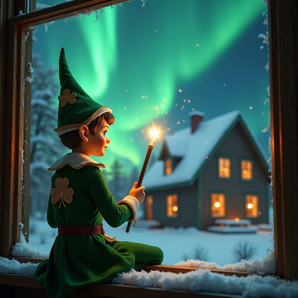 Elf sits on a window ledge gazing at colorful northern lights. Elf holds a glowing wand. Cozy house appears in the background with snow covered ground. Elf wears a green shirt with gold clover. 'Happy Holiday' name appears from wand.