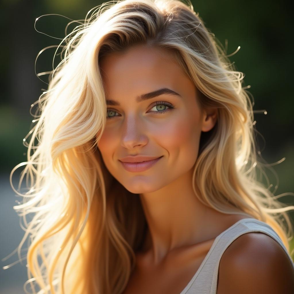 Image of a young woman with beautiful blonde hair. Hair flows in soft waves, catching light. Hair has golden hues. Hair frames the face delicately.