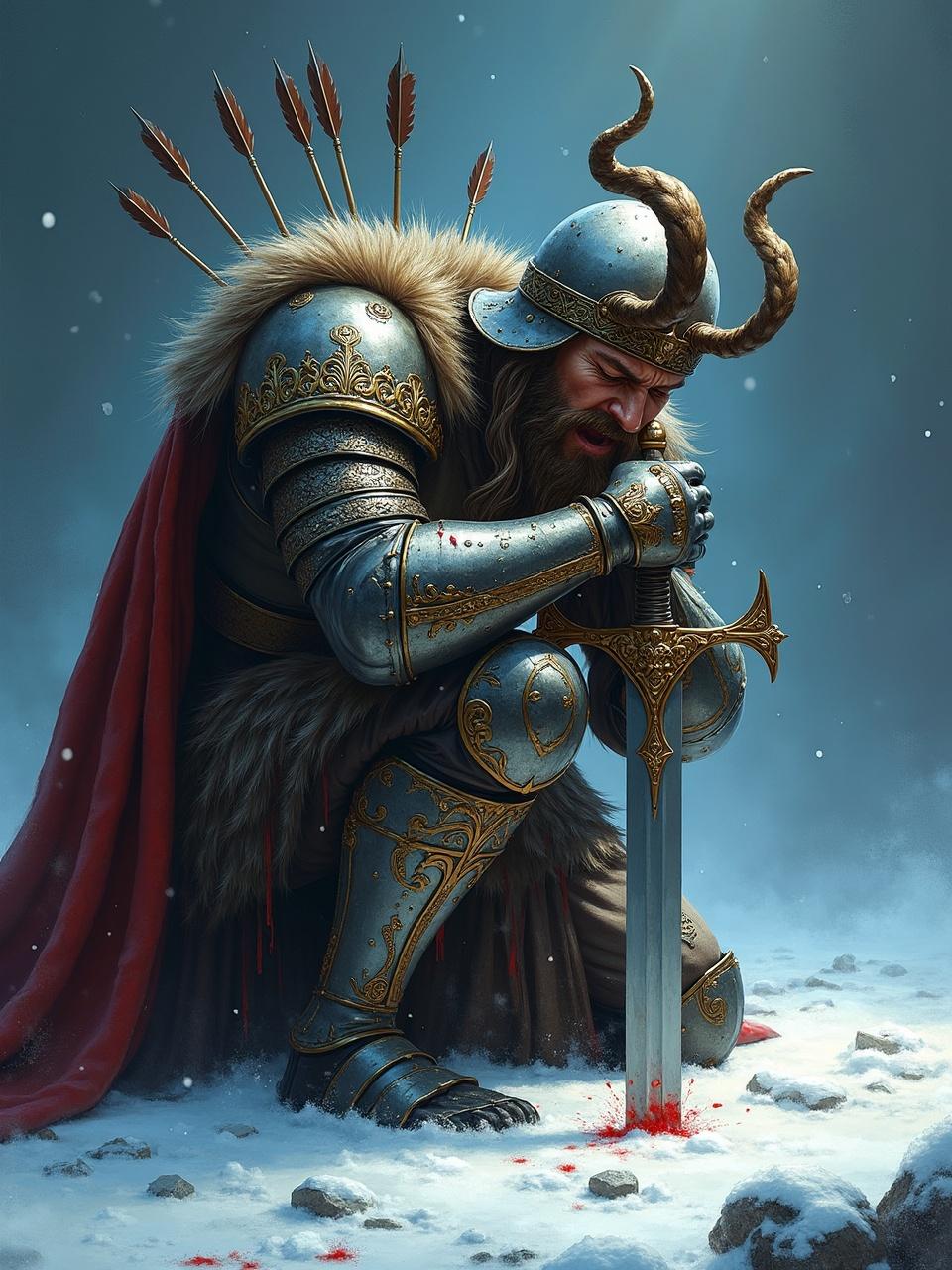 The image depicts a kneeling warrior in an ornate set of armor with intricate designs, clutching a bloodstained sword. The warrior wears a horned helmet and a fur-lined cape and is surrounded by falling snowflakes, creating a somber and reflective atmosphere. The image captures a moment of contemplation and endurance on a cold, snow-covered battlefield.