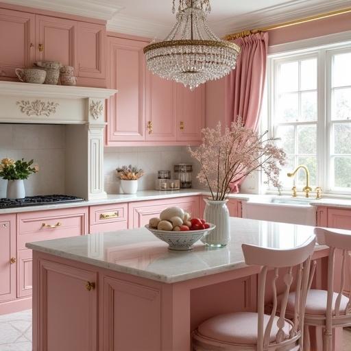 A shabby chic kitchen featuring pink cabinetry, a white countertop, and soft light pink accents. A crystal chandelier hangs above a table set with a bowl of red apples. Windows bring in natural light, complemented by floral arrangements on the countertop.