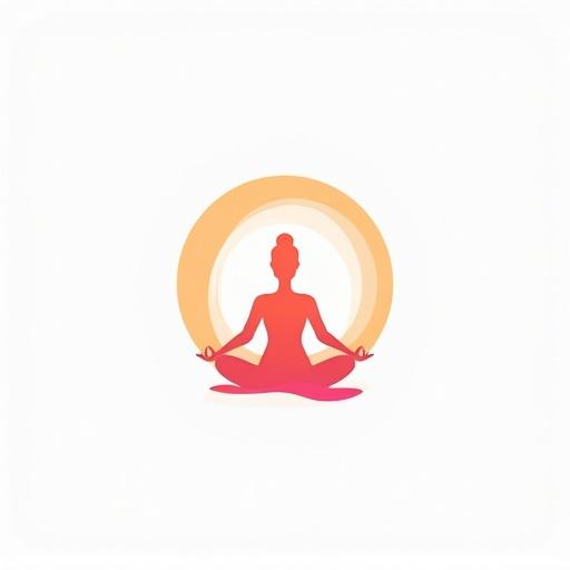 Logo design for yoga site. White background. Circular shape with yoga figure in the middle. Orange and pink colors used.
