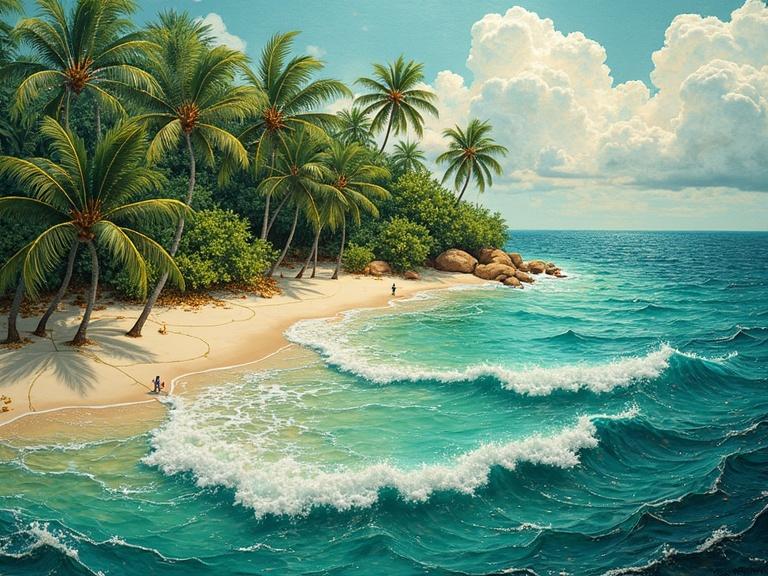 Tropical island scene with rolling sea and palm trees. Bright colors with intricate details. Ethereal and dreamy atmosphere. Sparkling light reflects on water.