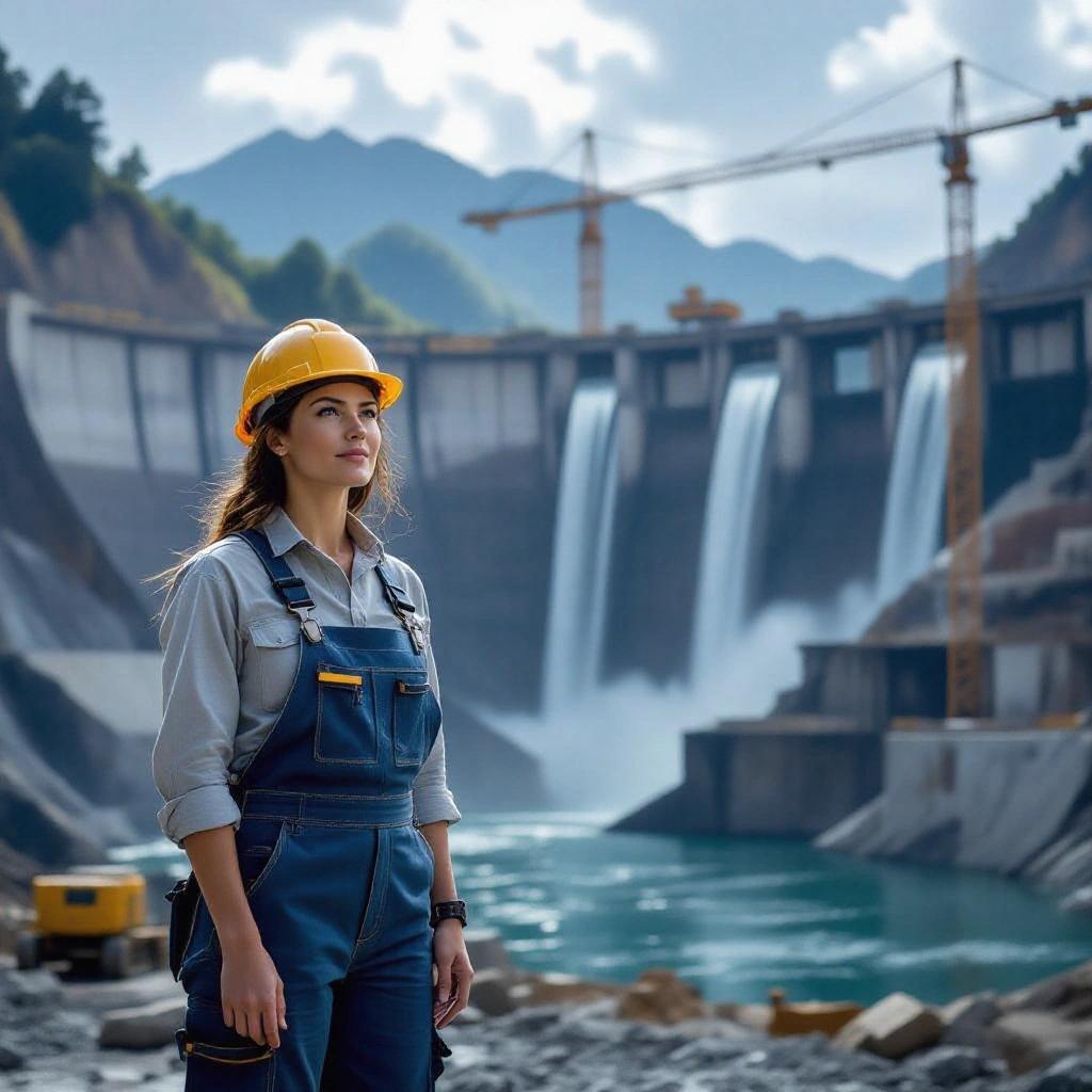 A determined female engineer stands in front of a hydroelectric dam under construction. She wears practical overalls and a hard hat. The scene is well-lit with overcast daylight and spotlights. The image conveys power and progress. The dam represents innovation and collective achievement. The colors are vibrant with reds, blues, and golds, and a slogan appears in Cyrillic at the top.